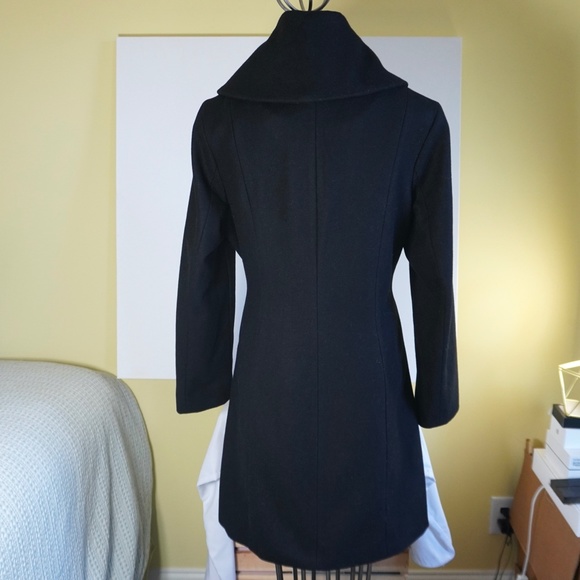 Retro Wool Coat Women Sz M Black Belted Wrap Style Knee Length Wide Collar - Picture 4 of 12